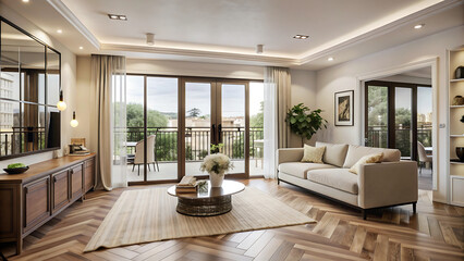 Interior of empty spacious living room with white walls and laminated floor with doors leading to balcony