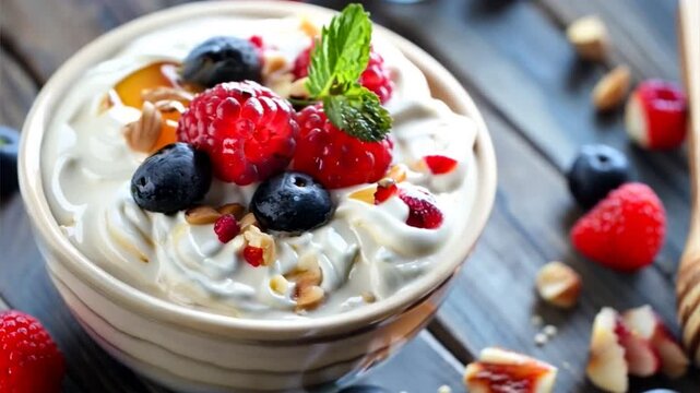 Bowl of Greek yogurt topped with honey, nuts, and fresh berries, a protein-rich and nutritious dessert option.