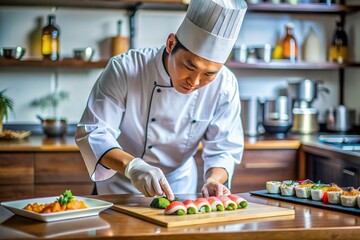 A chef is preparing food in a kitchen with a variety of ingredients