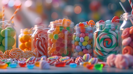 An artistic arrangement of candy jars filled with colorful gummies, lollipops, and sweets, creating an enticing and visually appealing celebration of Candy Month, in high-definition