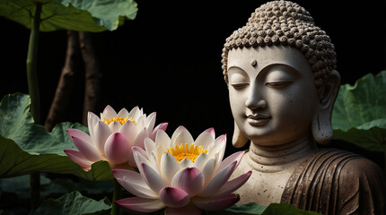 a statue of a buddha with a candle and flowers