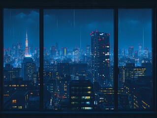 night city view through rainy window