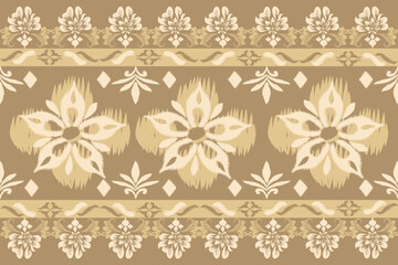 Hand drawn ikat pattern, brown blackgrond, seamless floral motif, embroidery, floral print, pattern, design for wrapping, silk, scarf, background, textile.