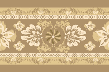 Hand drawn ikat pattern, brown blackgrond, seamless floral motif, embroidery, floral print, pattern, design for wrapping, silk, scarf, background, textile.