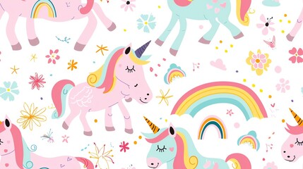 Design a seamless pattern featuring playful unicorns and rainbows