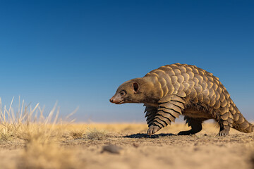 Fototapeta premium Pangolin Walking in Dry Grassland Under Clear Blue Sky, Unique Scaly Armor