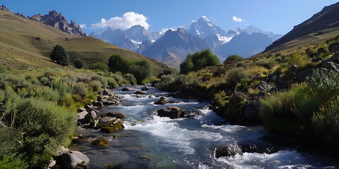 Mountain Stream: Serene River Flowing Through Alpine Valley, Nature Landscape: Crystal Clear Water in Mountain Terrain