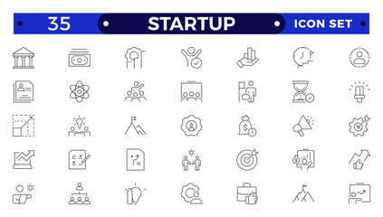  Startup and development outline icons set. Start up symbols collection. Launch, development, investment, innovation. Line icons related to project, startup, management, business.