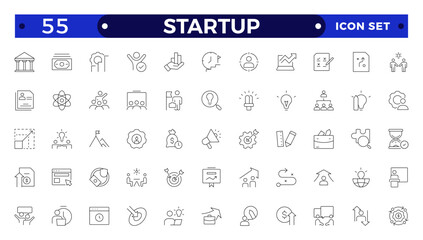  Startup and development outline icons set. Start up symbols collection. Launch, development, investment, innovation. Line icons related to project, startup, management, business.