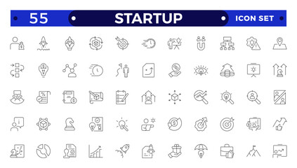  Startup and development outline icons set. Start up symbols collection. Launch, development, investment, innovation. Line icons related to project, startup, management, business.