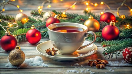 Cup of tea decorated with Christmas ornaments , holiday, festive, tea, drink, beverage, mug, cup, hot, warm, winter, season