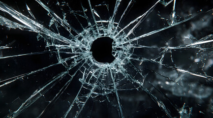 Shattered Glass Broken Window with Bullet Hole on a Dark Background