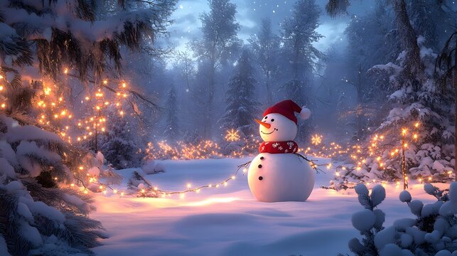 A cheerful snowman standing in the middle of a snowy field, with twinkling Christmas lights wrapped around nearby trees, creating a warm and festive atmosphere against the snowy backdrop