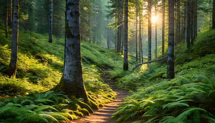 Obraz premium A serene forest scene with tall trees and lush green ferns. Sunlight filters through the branches, creating a mystical atmosphere. A path leads through the vibrant greenery, inviting exploration.