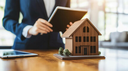 real estate agent using a tablet to present property details to clients, showcasing professionalism and modern technology in a stylish, professional setting