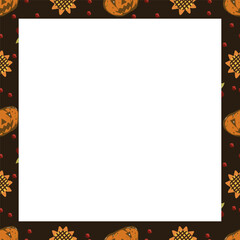 Obraz premium Autumn vector square frame with pumpkins and fall leaves. Hand drawn illustration.
