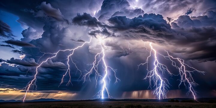 Dramatic storm clouds gathering with bolts of lightning in the sky, stormy, weather, energy, ominous, atmospheric