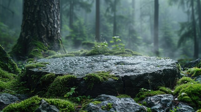 A mossy stone platform in a misty forest, a peaceful and serene backdrop.