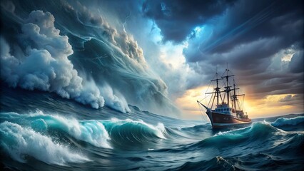 Fierce storm at sea with ship tossing on giant waves, as Jonah is thrown overboard by terrified sailors, storm, sea, ship