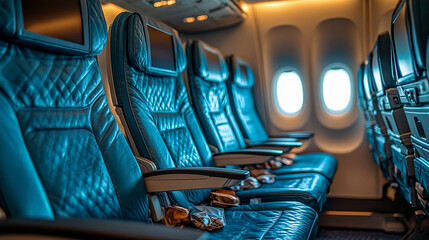 Airplane seats with blank LCD screens, showcasing a mockup device. Ideal for illustrating travel, technology, and modern aviation theme