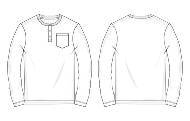 Long sleeve with pocket t shirt technical drawing fashion flat sketch vector illustration template front and back views. 