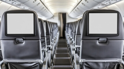 Airplane seats with blank LCD screens, showcasing a mockup device. Ideal for illustrating travel, technology, and modern aviation theme