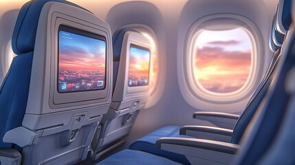 Airplane seats with blank LCD screens, showcasing a mockup device. Ideal for illustrating travel, technology, and modern aviation theme