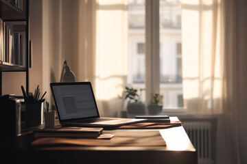 Working table with computer at home. Selective focus. Blurred background