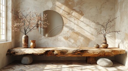 Rustic Interior Design with Wooden Bench and Vases.