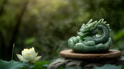 Auspicious things Improve your luck. It was a Dragon statue made of green jade placed on a rock.