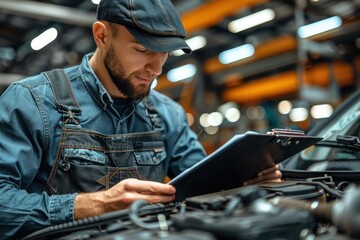 Mechanic Inspecting a Car Engine