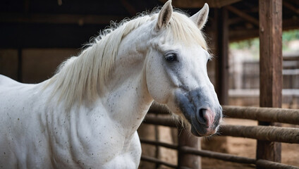 Obraz premium Elegant white horse stands proudly in a well-maintained stable, exuding grace and nobility in a serene setting.