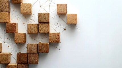 Wooden blocks forming a conceptual network on a white background, symbolizing interconnected systems.