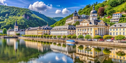 Fototapeta premium Historic spa town of Bad Ems located along the Lahn River, Germany, architecture, buildings, river, travel