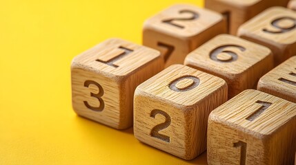 Wooden numeric cubes on a striking yellow background, each showcasing distinct carved numbers for a playful feel