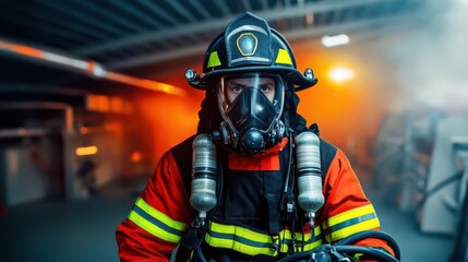 Firefighter in full gear readying equipment in a fire station, highangle shot, dramatic lighting