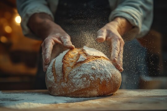 Baker Sprinkling Flour on Rustic Bread Loaf