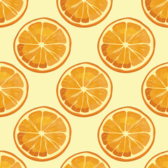 Obraz premium A seamless pattern featuring vibrant orange slices against a soft yellow background, creating a cheerful and refreshing design.
