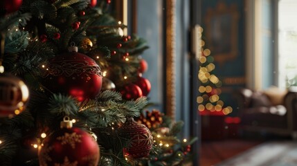 A close up of a decorated Christmas tree with a reflection of a second tree in the mirror