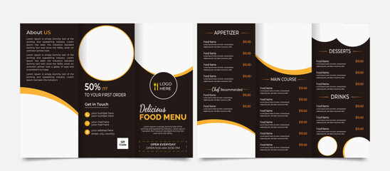 Elegant restaurant food menu trifold business brochure template design.
