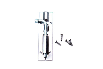 Metal latch and screws on white background.Concept, Tools or equipment for craft, diy, fix or repair furniture. Building materials. Construction equipment. Install in door or window, cabinet or others