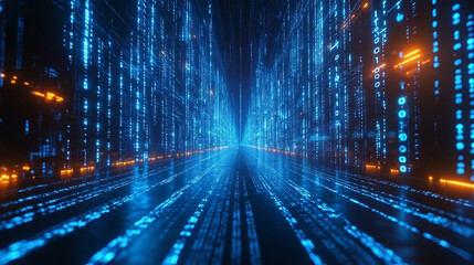 blue computer screen displays intricate binary code, symbolizing the digital age, data encryption, and the rapid advancement of technology in modern society