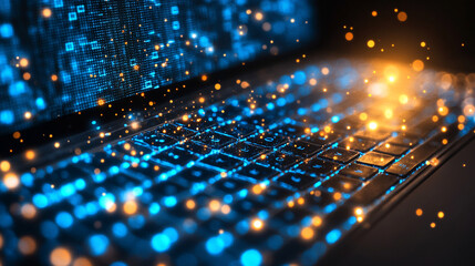 blue computer screen displays intricate binary code, symbolizing the digital age, data encryption, and the rapid advancement of technology in modern society