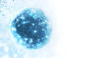 image of the global centered as tech, with glowing pieces showing advances of businesses, with a white background.