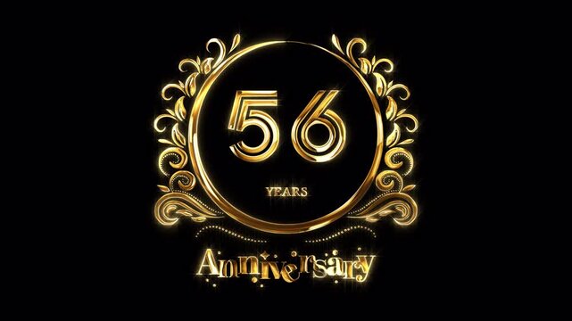 56th Anniversary Celebration. Happy 56 Years Anniversary Animation in Gold Color on the Transparent Background, Alpha Channel. Great for greetings, celebrations, events, and gifts.