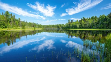 Obraz premium Beautiful summer landscape. Lake and forest on the background of blue sky