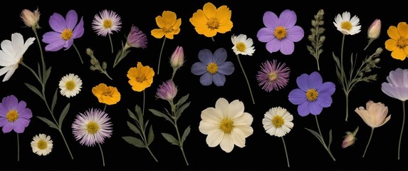 Beautiful pressed flowers on a black background, perfect for floral decor and crafts
