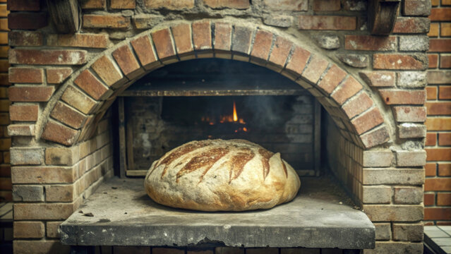 Freshly Baked Bread in a Brick Oven - A freshly baked loaf of bread sits in a brick oven, emanating warmth and the aroma of freshly baked goods. The concept symbolizes: artisan baking, rustic charm, t