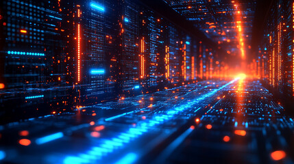 blue computer screen displays intricate binary code, symbolizing the digital age, data encryption, and the rapid advancement of technology in modern society