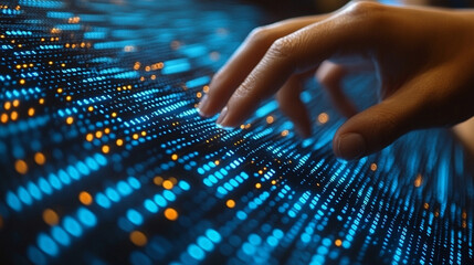 blue computer screen displays intricate binary code, symbolizing the digital age, data encryption, and the rapid advancement of technology in modern society